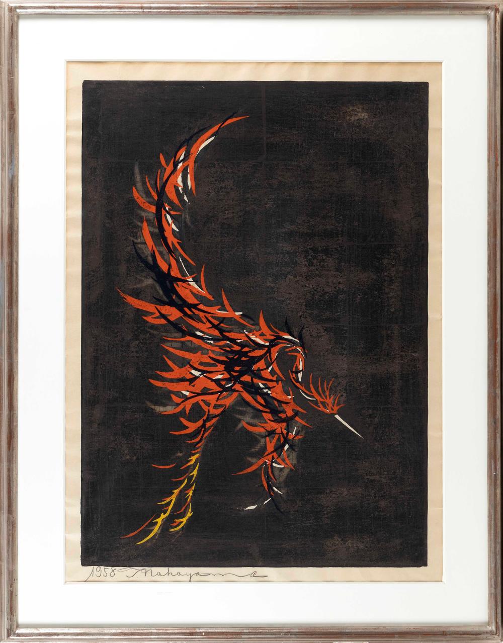 Appraisal: TADASHI NAKAYAMA JAPAN - TERRACOTTA BIRD WOODBLOCK PRINT DAI-OBAN TATE-E