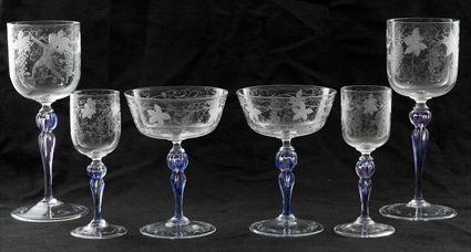 Appraisal: Venetian Etched Glass Table Service Comprising eight wine glasses fifteen