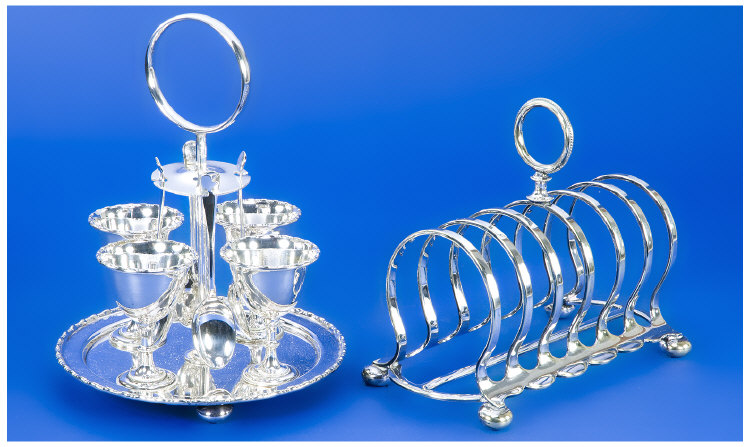 Appraisal: Silver Plated Toast Rack and Boiled Egg Set slice toast