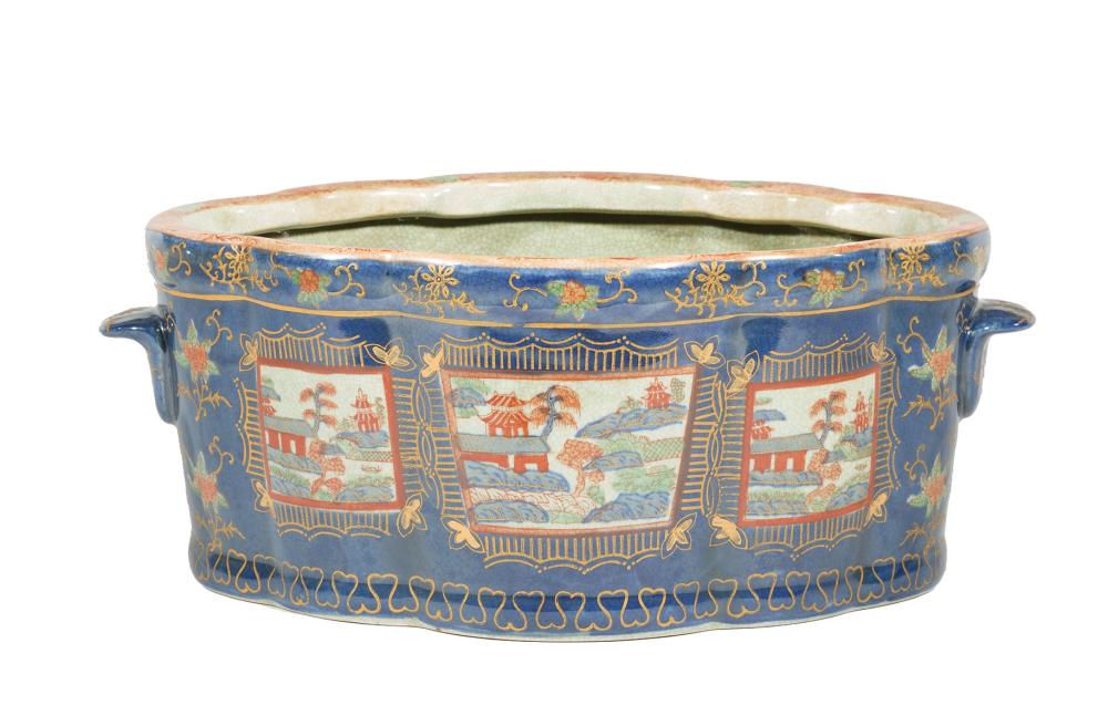 Appraisal: Modern Chinese Export-Style Polychrome Porcelain Foot Bath lobed body exterior