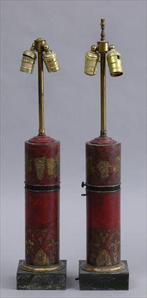 Appraisal: PAIR OF FRENCH TOLE PEINTE CYLINDRICAL OIL LAMPS Each with