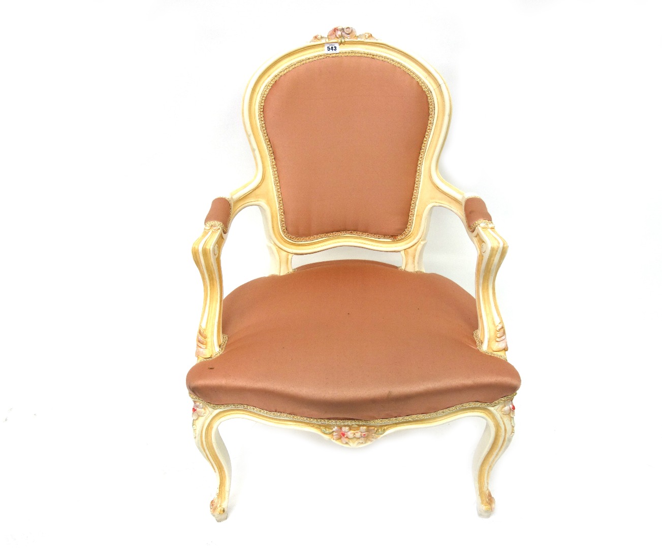 Appraisal: A reproduction Louis XV style fauteuil with carved and painted