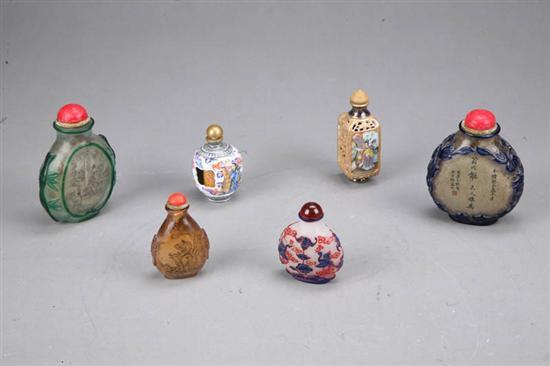 Appraisal: SIX SNUFF BOTTLES Two porcelain with revolving cylinder four glass