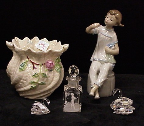 Appraisal: Lladro girl figurine h Belleek vase green mark h two