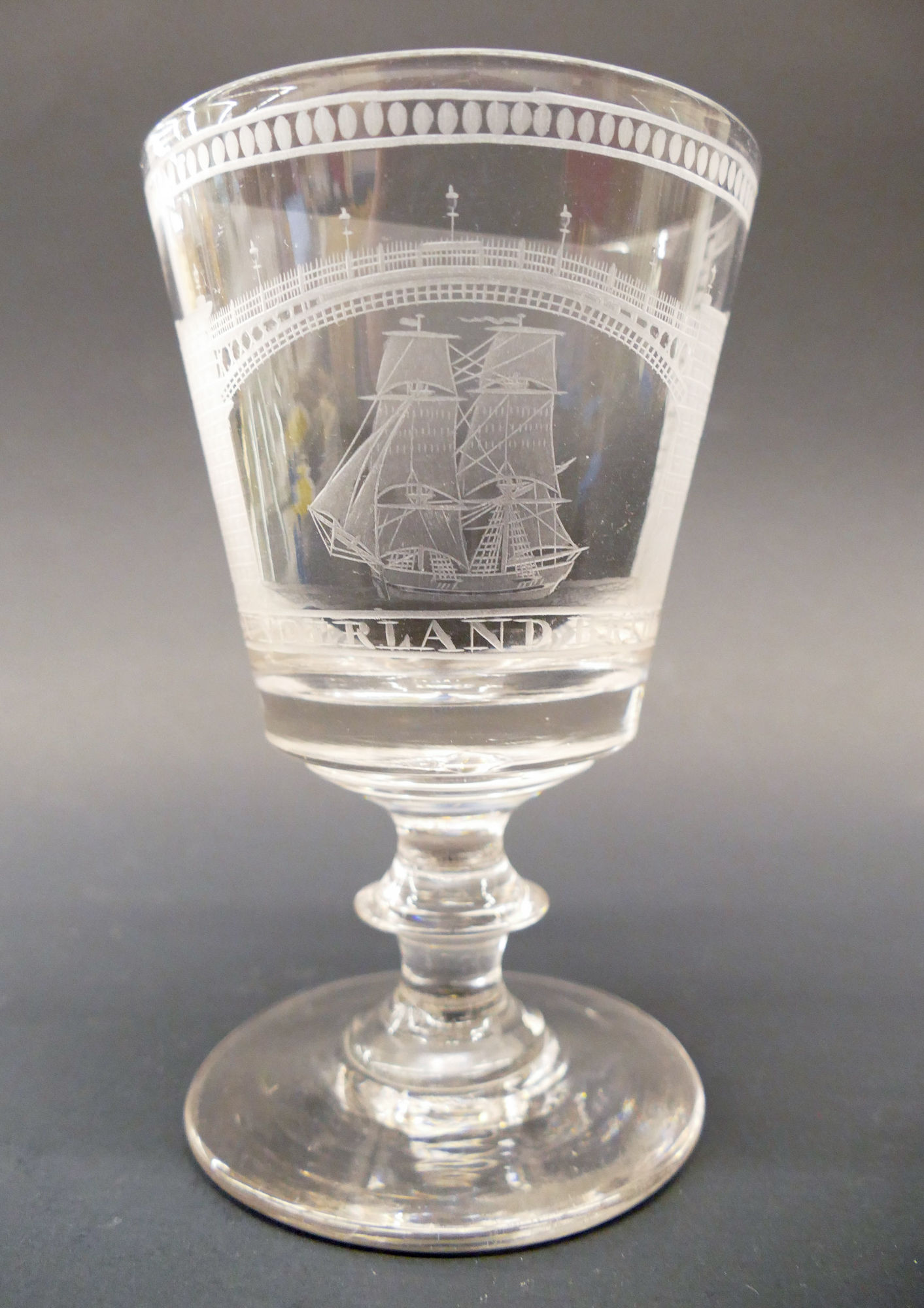 Appraisal: English Sunderland Bridge Engraved Crystal Goblet c Elaborately engraved Rummer