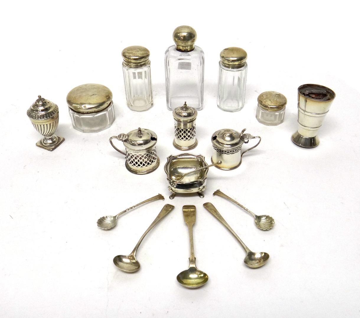 Appraisal: Five silver lidded glass toilet bottles and jars two silver