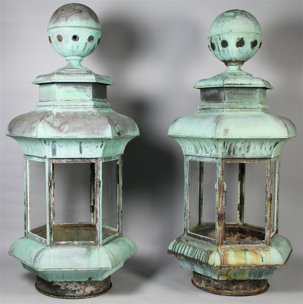 Appraisal: PAIR OF MONUMENTAL COPPER AND GLASS LANTERNS oxidized to green