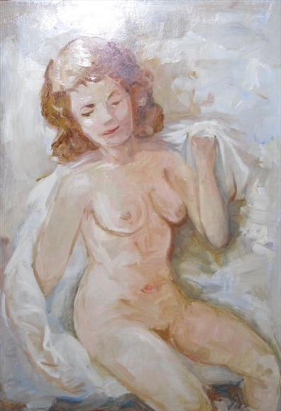 Appraisal: English school Recumbent nude Oil on panel cm x cm