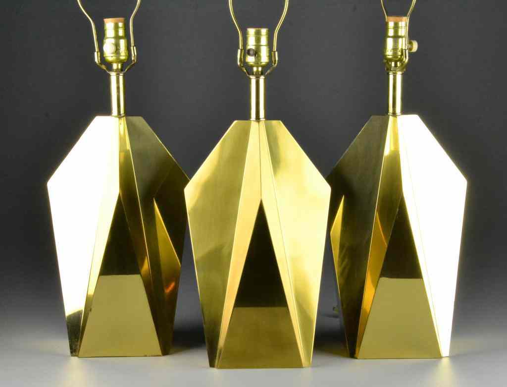 Appraisal: C Jeru Style Brass Table LampsGeometric -D design with square