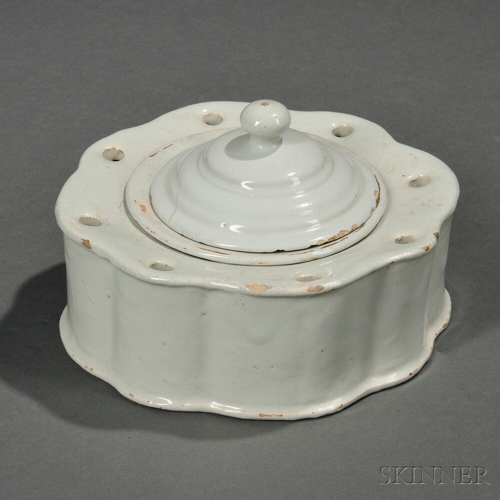 Appraisal: Dutch Delft White Glazed Inkstand Holland c scalloped circular shape