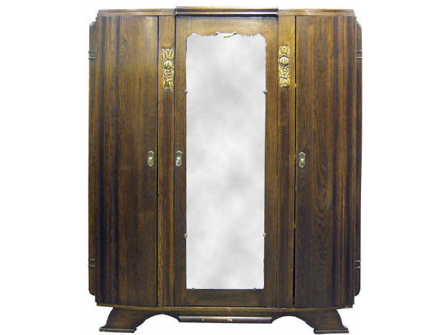 Appraisal: Quality Art Deco three door mirrored armoire in original oak