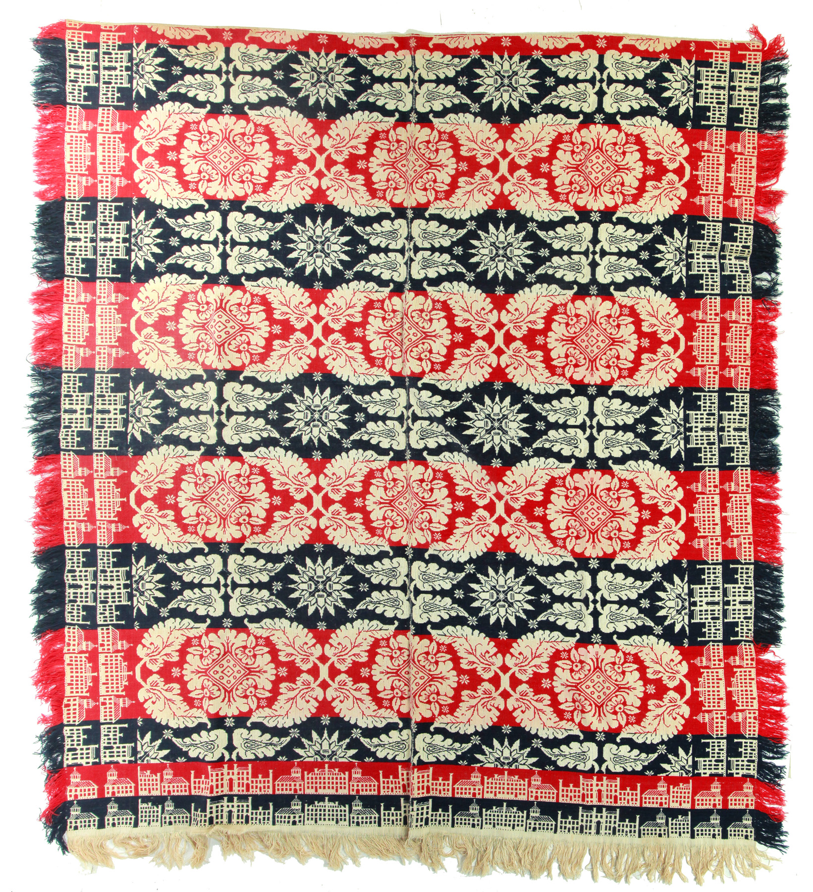 Appraisal: JACQUARD COVERLET Midwest mid th century wool and cotton Center