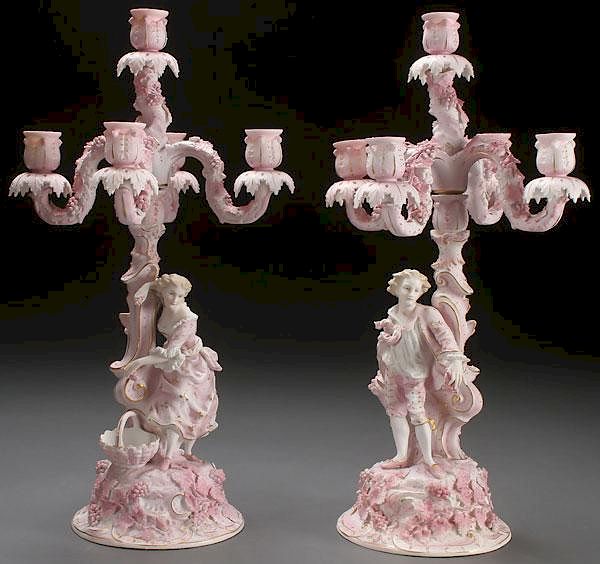 Appraisal: DRESDEN STYLE FIGURAL CANDELABRAS A PAIR OF GERMAN DRESDEN STYLE