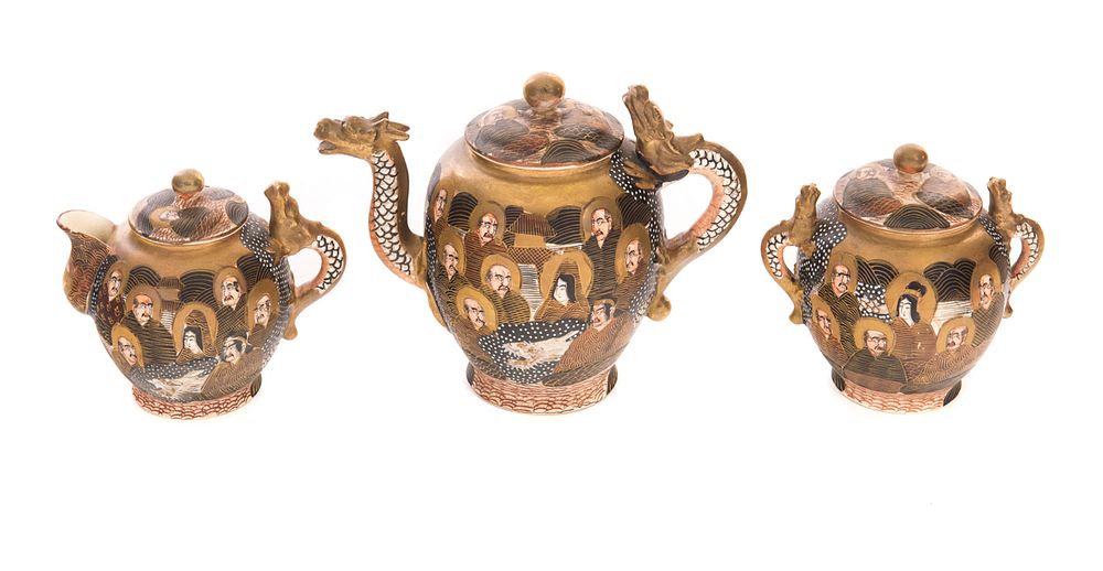 Appraisal: Faces Satsuma Tea Set Gyokuzan Dragon Meiji Period Japanese Meiji