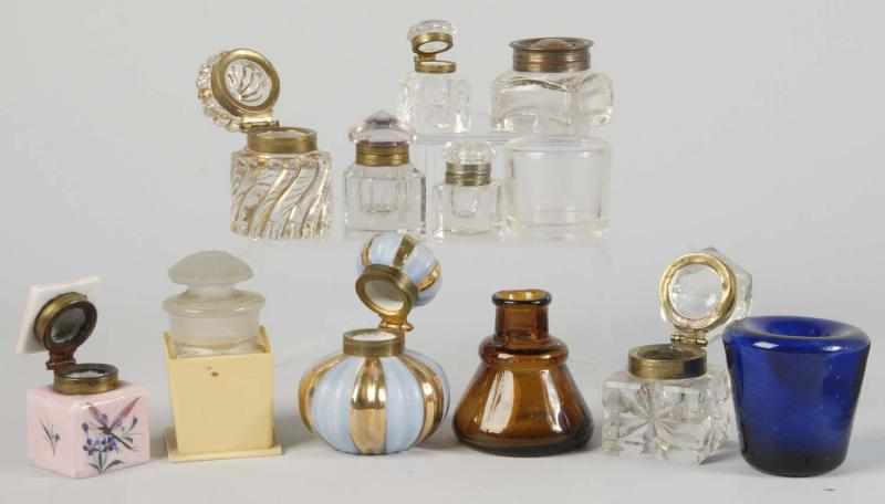 Appraisal: Lot of Assorted Glass Handpainted Inkwells Condition Excellent Size Largest