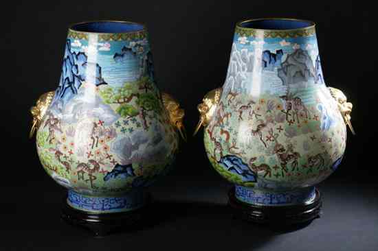 Appraisal: PAIR CHINESE CLOISONN ENAMEL VASES Deer decoration - in high