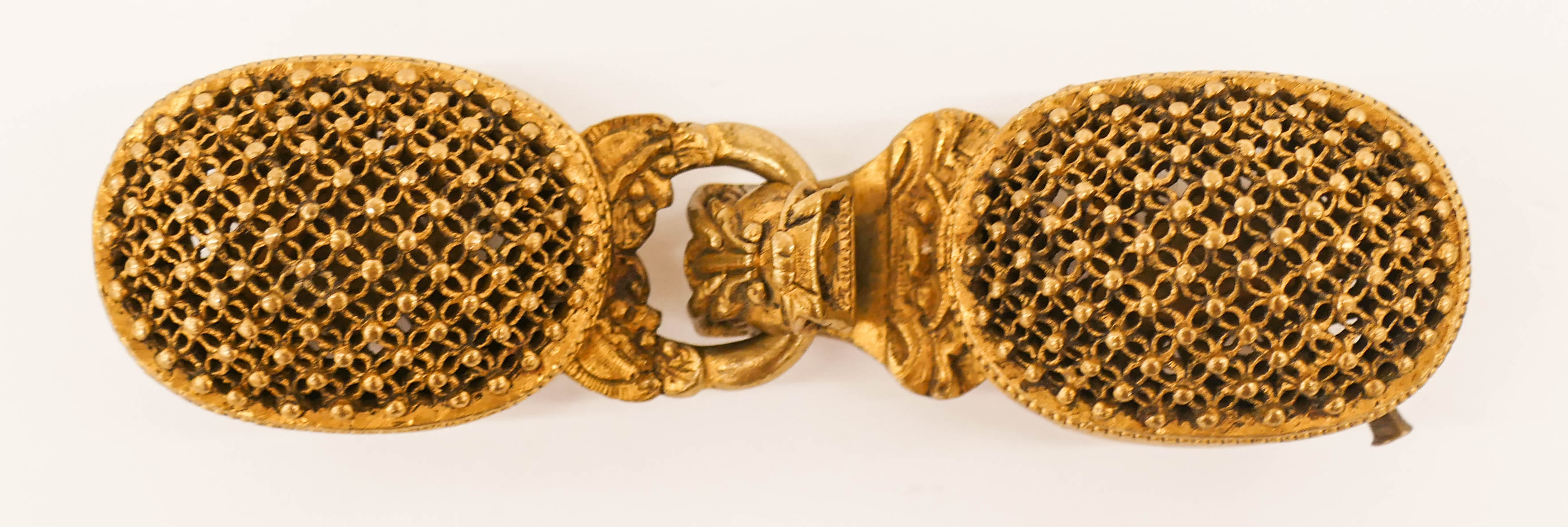 Appraisal: Chinese Qing Gilt Bronze Buckle Set '' Pierced gilt bronze