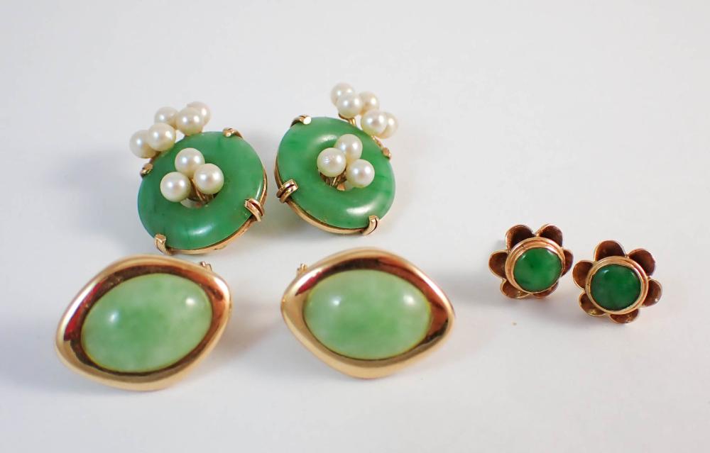 Appraisal: THREE PAIRS OF JADE AND FOURTEEN KARAT GOLD EARRINGS including