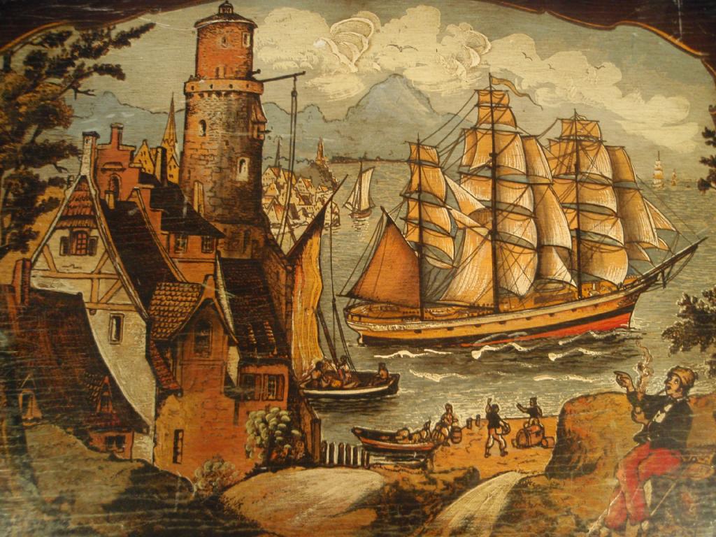 Appraisal: A Continental painted panel with figures buildings and ships in