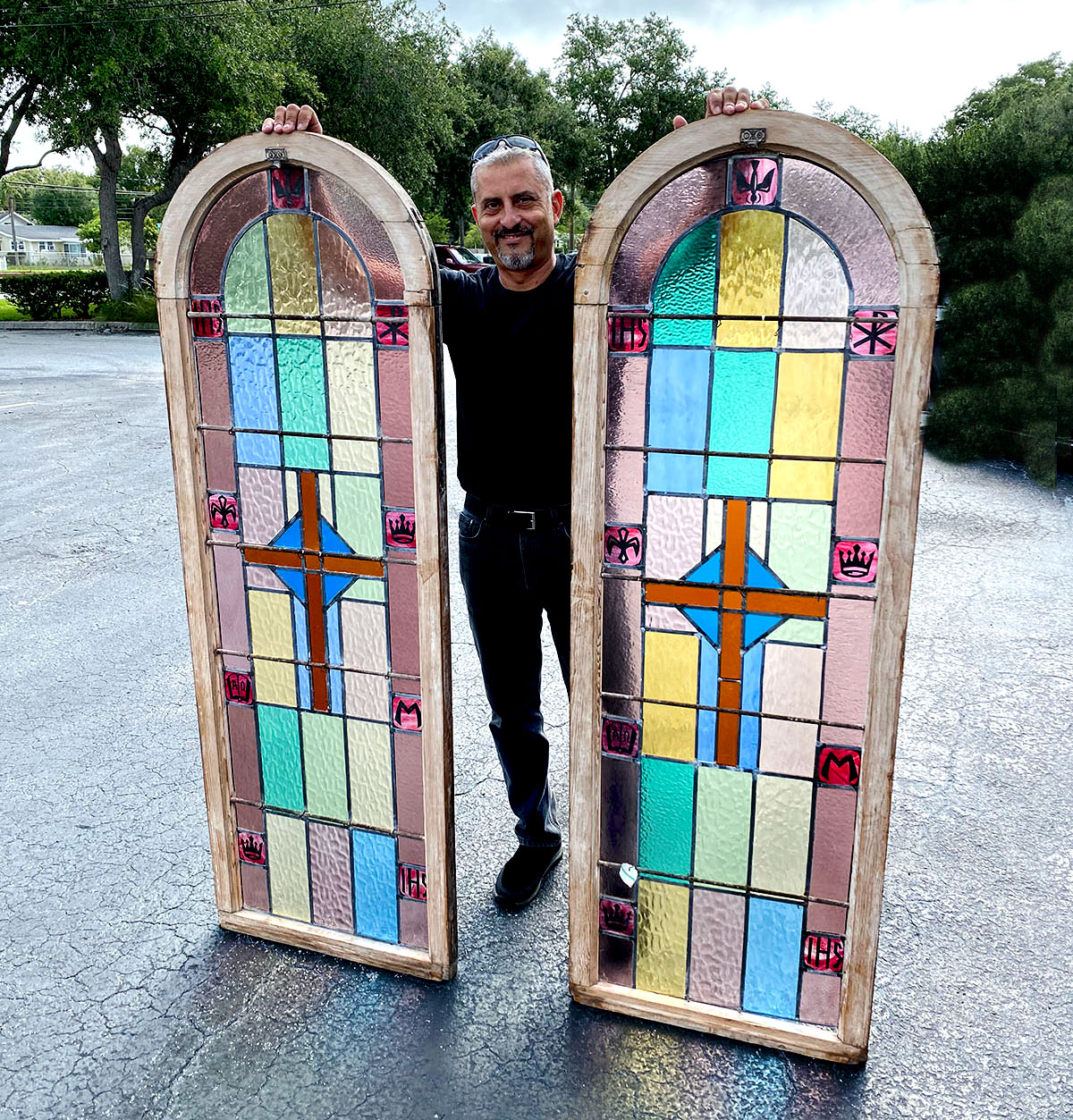 Appraisal: LEADED GLASS CHURCH WINDOWS - Arch form religious colorful stained