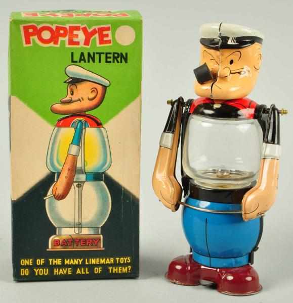 Appraisal: Tin Litho Linemar Popeye Lantern Toy Description Japanese Original pipe