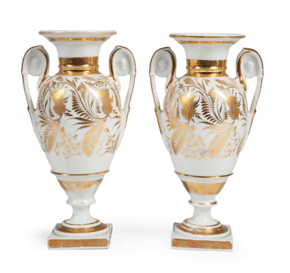 Appraisal: Pair of Paris Gilt-Decorated Porcelain Amphora Vases foliate and floral