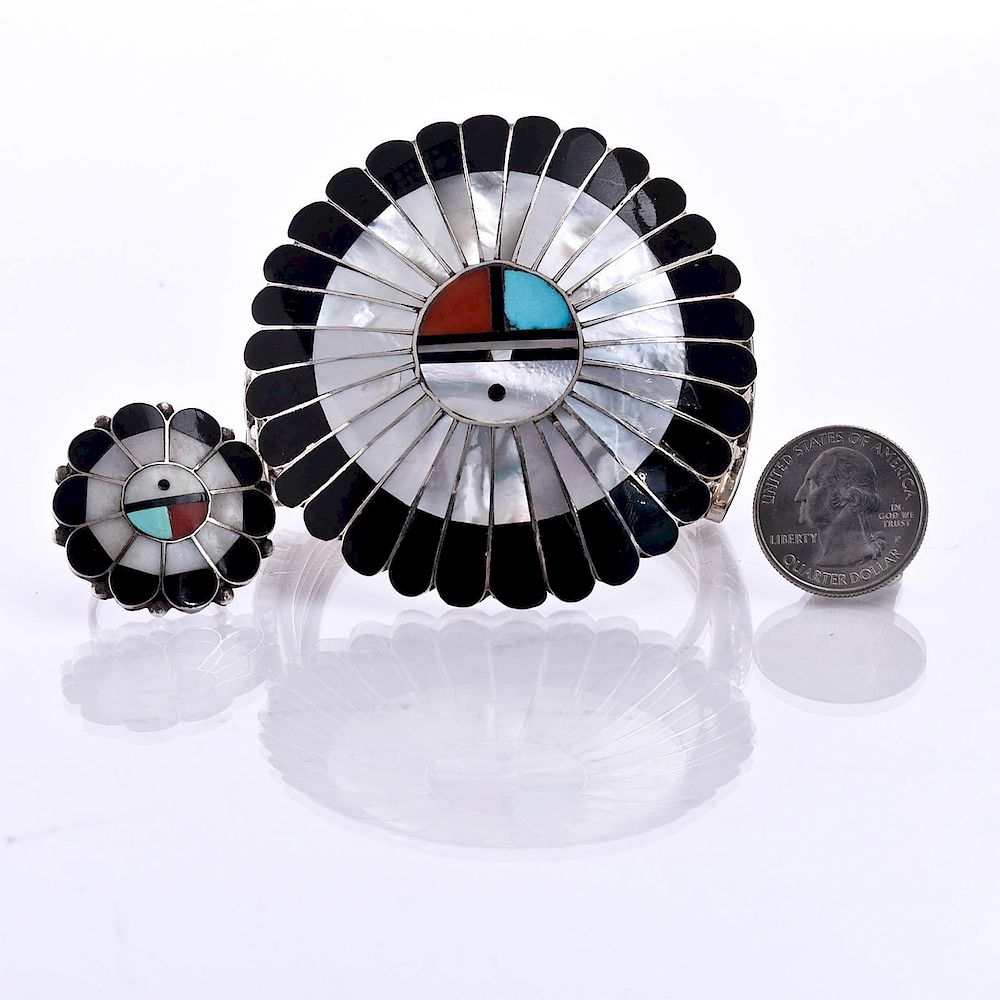 Appraisal: NATIVE AMERICAN SUNFACE STERLING SILVER CUFF AND RING Multi-stone inlay