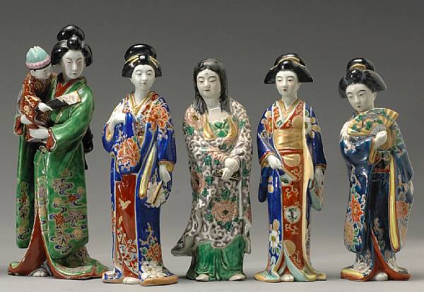 Appraisal: A group of five Kutani porcelain figures th Century Each