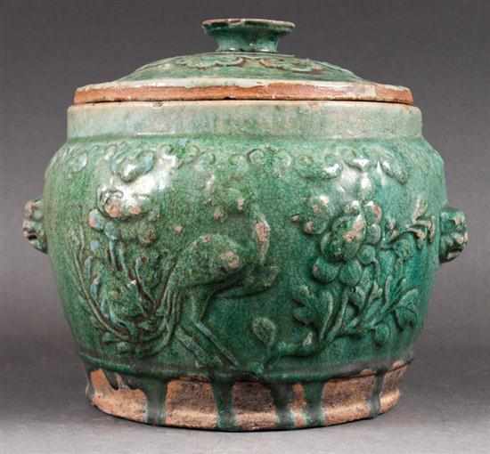 Appraisal: Japanese glazed terracotta jar th century with relief decoration of