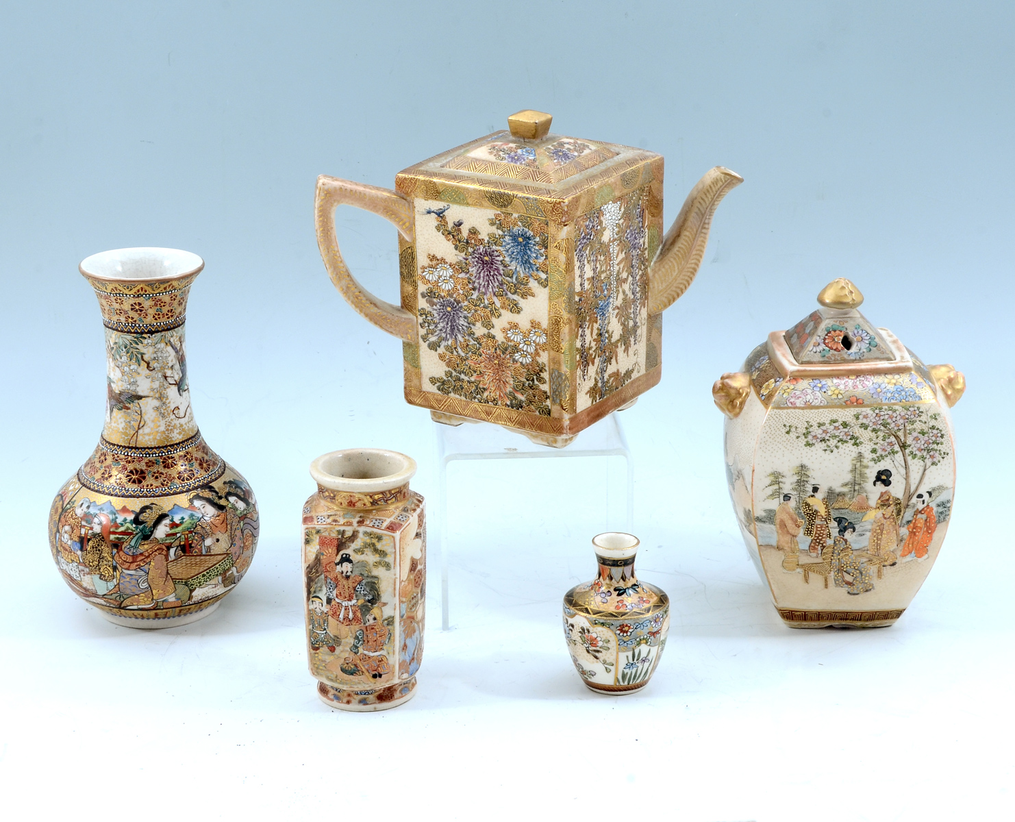 Appraisal: PIECE JAPANESE SATSUMA COLLECTION Comprising - squared jar with pierced