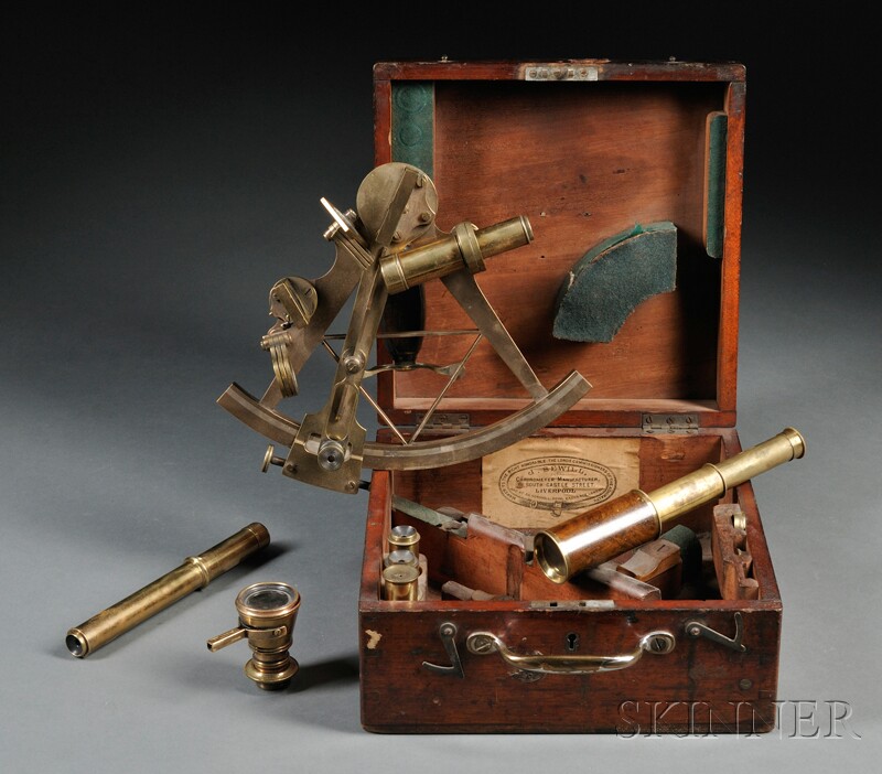 Appraisal: Boxed Brass Sextant England brass frame and wood handle with