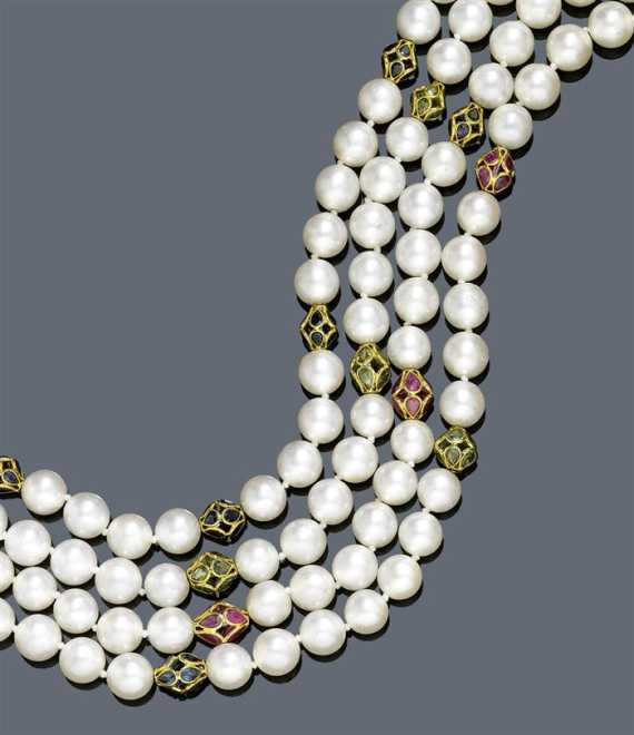 Appraisal: PEARL AND GEMSTONE NECKLACE Yellow gold Fancy three-row necklace of