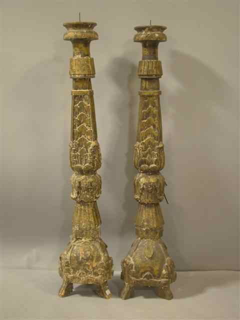 Appraisal: PAIR OF GILT PRICKET STICKS th century French carved and