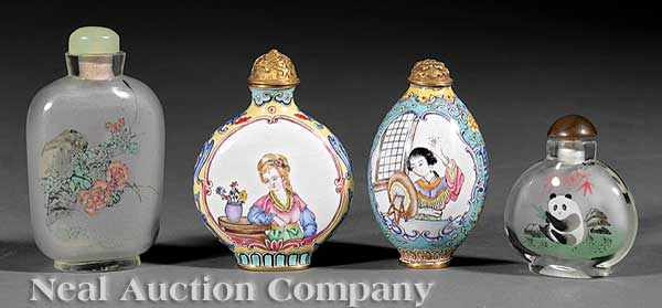 Appraisal: Two Chinese Beijing Enamel Snuff Bottles and Two Inside Painted