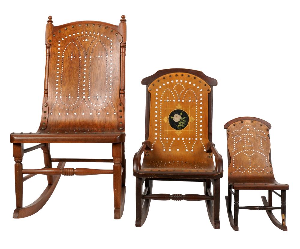 Appraisal: THREE AMERICAN ROCKING CHAIRS th century each with pierced designs