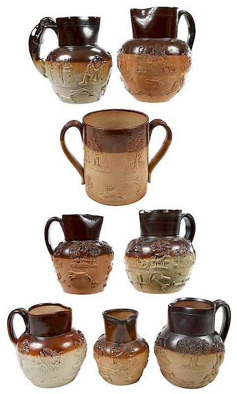 Appraisal: Eight Sprig Decorated Stoneware Tavern Vessels British th century seven