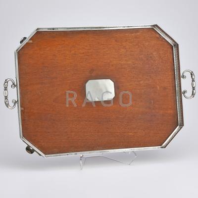 Appraisal: AUSTRIAN SILVER MOUNTED TRAY Octagonal mahogany plateau with reticulated silver