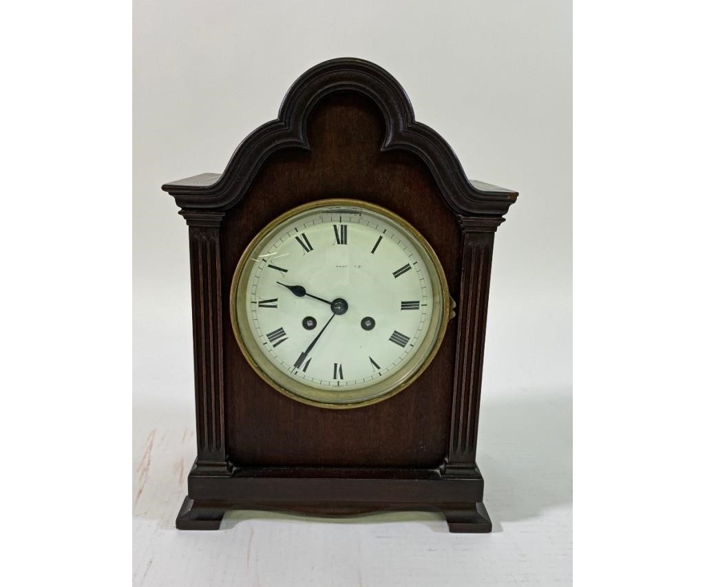 Appraisal: French mahogany cased mantel clock with round porcelain dial early