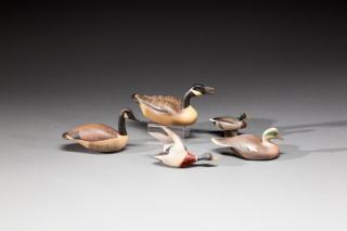 Appraisal: Five Miniature Carvings A mallard drake by Wildfowler Decoys CT