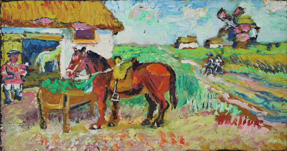 Appraisal: DAVID BURLIUK RUSSIAN - Oil on Board Small House On