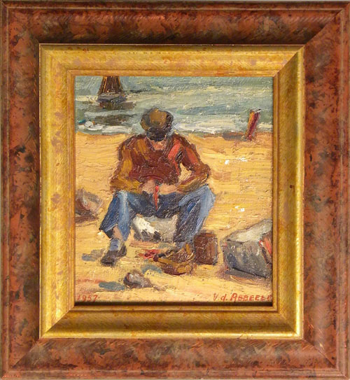 Appraisal: Oil on board coastal scene with fisherman signed V D