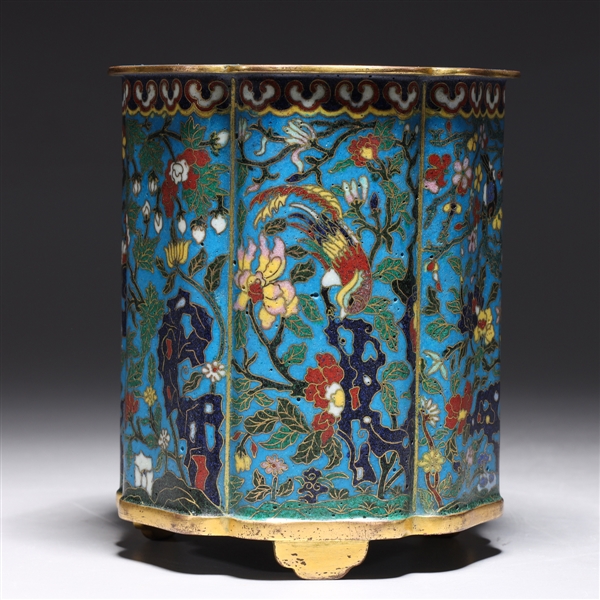 Appraisal: Elaborately detailed Chinese cloisonne enameled brush pot with birds flowers