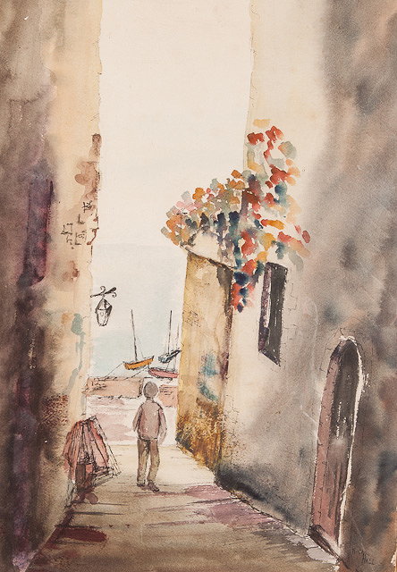 Appraisal: NINA HALL TH CENTURY A FIGURE walking towards a harbour