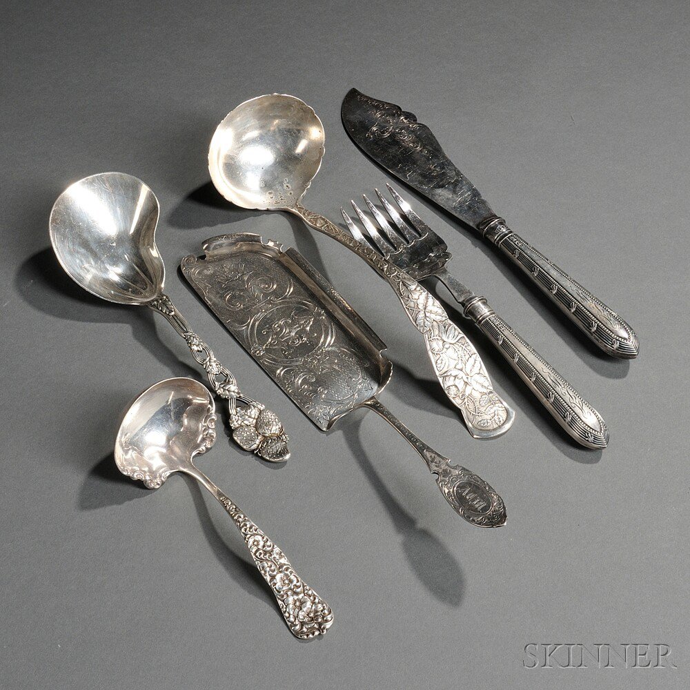 Appraisal: Six Pieces of Silver Flatware four American a monogrammed crumber