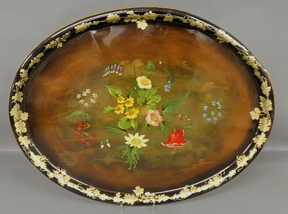 Appraisal: - Large oval Tole serving tray with floral decoration and