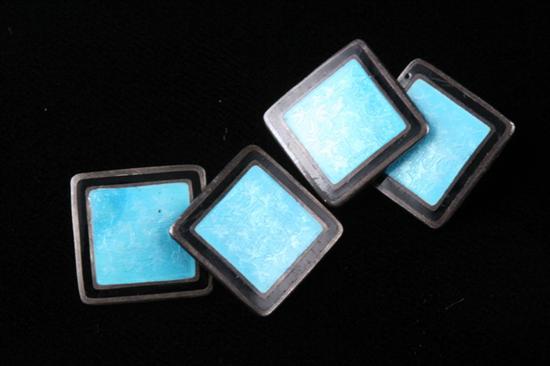 Appraisal: PAIR VINTAGE STERLING SILVER TURQUOISE AND BLACK ENAMEL CUFFLINKS Guilloche