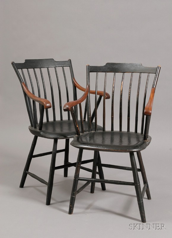 Appraisal: Pair of Black-painted and Mahogany Windsor Armchairs New England c