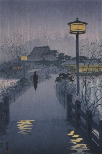 Appraisal: four color woodcuts SHIRO KASAMATSU japanese - RAINY NIGHT AT