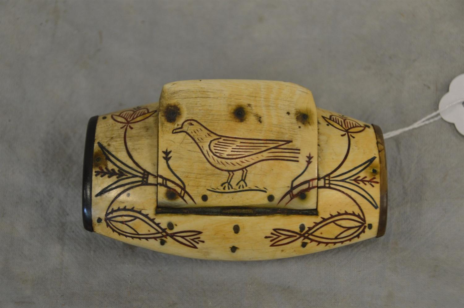 Appraisal: Snuff box bone with horn ends sgraffito decorated with bird