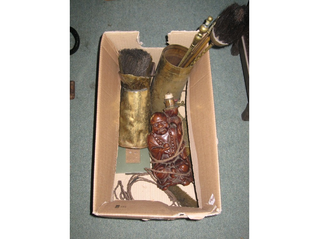 Appraisal: Box of metalware and a figural lamp